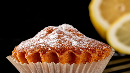 Fresh sliced lemon and a sprinkle of powdered sugar on black surface