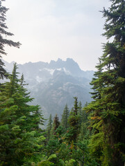 View of jagged mountain peaks through dense evergreen forest in a hazy atmospheric perspective scene