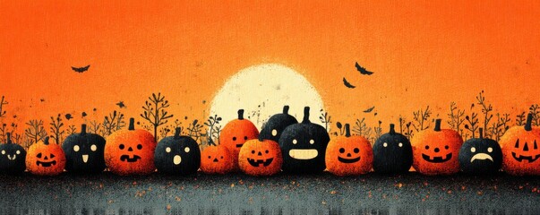Halloween pumpkins and bats under an orange moonlit sky