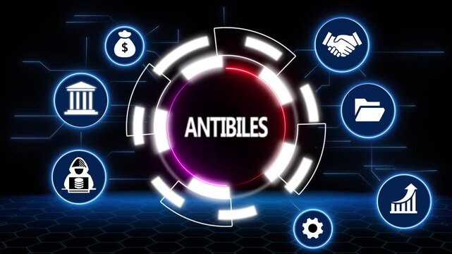 Digital network with icons representing business and technology concepts around the word ANTIBILES.