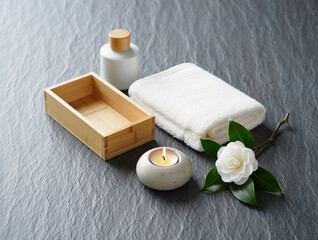 White camellia flower and spa items on slate wellness