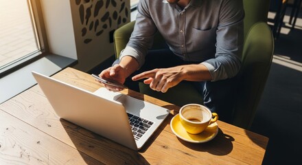 Remote Work Concept with Bright Yellow Coffee Cup and Laptop