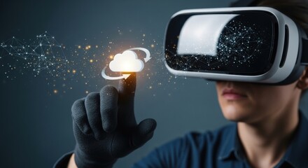 Young caucasian male experiencing virtual cloud interface with vr headset and glove