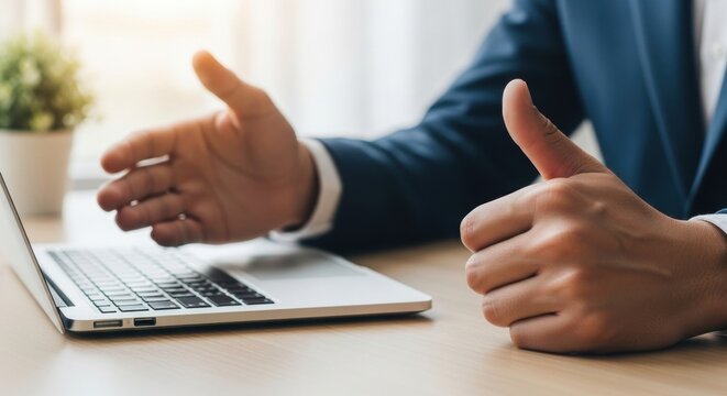 Businessman giving thumbs up gesture during online meeting at office desk