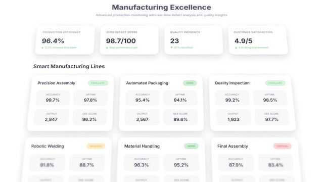 Manufacturing excellence dashboard with real-time production monitoring and quality analytics interface
