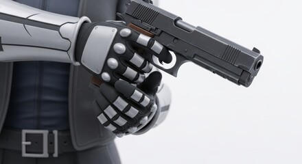 Futuristic robotic hands holding handgun in precision grip design