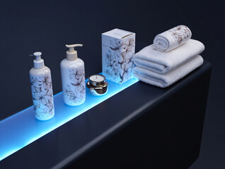 White lotion bottles and towels with floral pattern