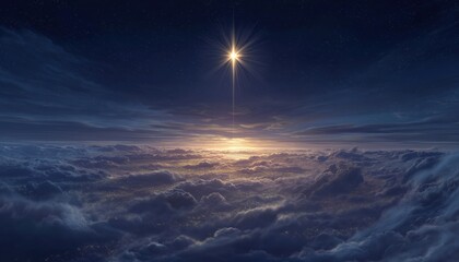 The Glowing Christmas Star Above The Clouds: Illuminating The Manger Of Jesus Christ'S Birth On Christmas Day