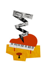 Composite collage picture image of funny lady face element pianist create music musician have fun bizarre unusual fantasy billboard comics
