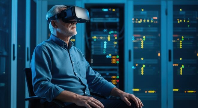 Mature caucasian male using vr headset in data center setting