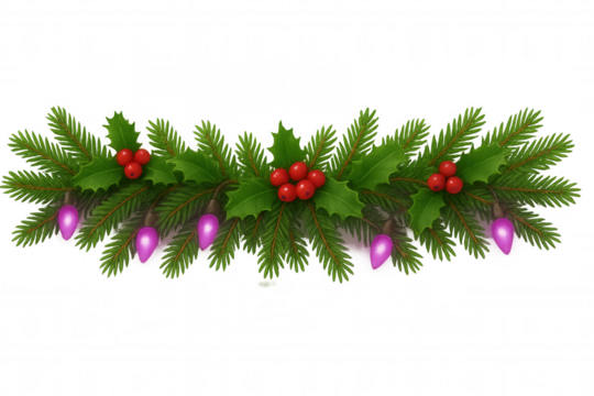 Christmas garland with evergreen fir branches, red holly berries, green leaves, and purple string lights arrangement on transparent background