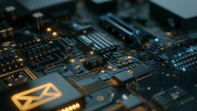 Closeup of glowing circuit board with electronic components arranged  