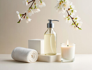 White towel soap dispenser and lit candle with cherry blossoms