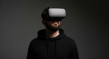 Young caucasian male engaged in virtual reality experience wearing vr headset