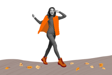 Composite photo collage of happy girl walk autumn season wear warm vest boots show peace gesture october isolated on painted background