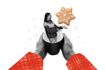 Composite trend artwork 3D image photo collage of winter season advent Christmas holiday young lady appear huge cup in hand show cookie