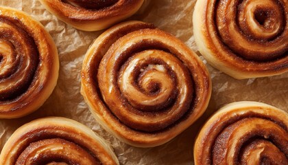 Fototapeta premium Freshly Baked Cinnamon Rolls On Baking Paper From Above: A Close-Up View Of Delicious Cinnamon Buns Just Out Of The Oven.