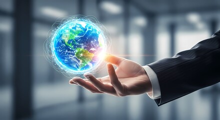 Businessman holding digital earth hologram, concept of global business
