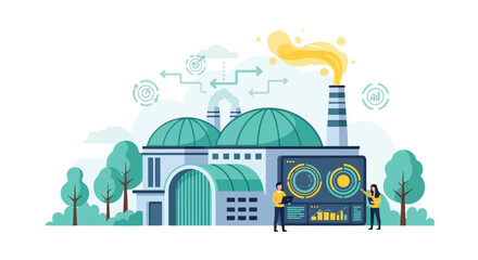 Vector illustration of modern factory with advanced technology and people monitoring data, representing industry 40 and smart manufacturing concepts