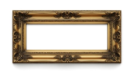 Golden Ornate Frame on White. Embellished details and soft shadow creates a classic vintage style. Great for mockup display, wedding invitation or product promotion.