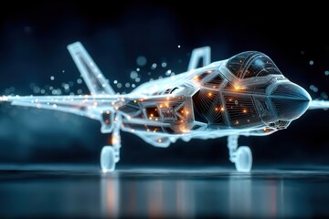 Futuristic glowing wireframe hologram of a sophisticated military jet on a dark background