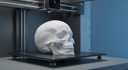 3 d printer creating white skull model on black platform