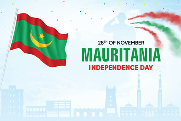 Mauritania Flag Waving With Army Soldier and Air Show On Skyline Background. Independence Day Concept Design Vector Illustration.