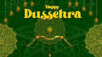 Happy Dussehra, illustration of a bow and arrow, symbolizing Dussehra, with a message of victory and triumph.
