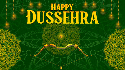 Happy Dussehra, illustration of a bow and arrow, symbolizing Dussehra, with a message of victory and triumph.
