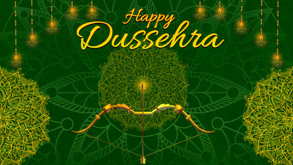 Happy Dussehra, illustration of a bow and arrow, symbolizing Dussehra, with a message of victory and triumph.
