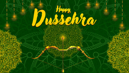 Happy Dussehra, illustration of a bow and arrow, symbolizing Dussehra, with a message of victory and triumph.
