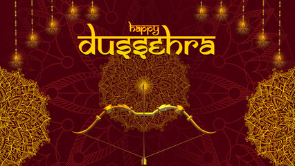 Happy Dussehra, illustration of a bow and arrow, symbolizing Dussehra, with a message of victory and triumph.
