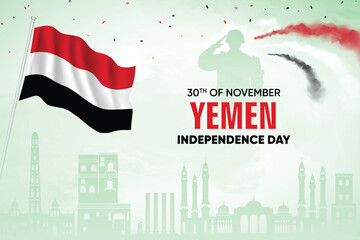 Yemen Flag Waving With Army Soldier and Air Show On Skyline Background. Independence Day Concept Design Vector Illustration.