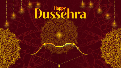 Happy Dussehra, illustration of a bow and arrow, symbolizing Dussehra, with a message of victory and triumph.
