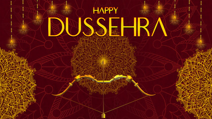Happy Dussehra, illustration of a bow and arrow, symbolizing Dussehra, with a message of victory and triumph.
