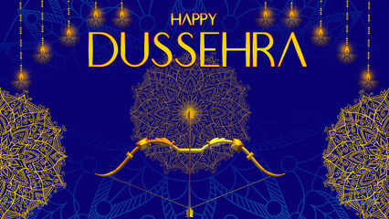 Happy Dussehra, illustration of a bow and arrow, symbolizing Dussehra, with a message of victory and triumph.

