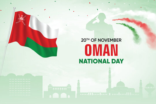 Oman Flag Waving With Army Soldier and Air Show On Skyline Background. National Day Concept Design Vector Illustration.