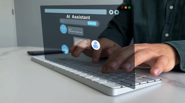 Businessman talking to a robot chatbot assistant.Interaction with the Ai assistant to solve some tasks more easily.	Chat bot for online support. Customer service, helpdesk advice online chat support.