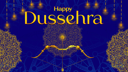 Happy Dussehra, illustration of a bow and arrow, symbolizing Dussehra, with a message of victory and triumph.
