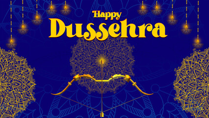 Happy Dussehra, illustration of a bow and arrow, symbolizing Dussehra, with a message of victory and triumph.
