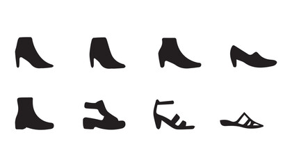 Obraz premium Eight black silhouette icons showcase various women's shoe styles, including boots, heels, and sandals.