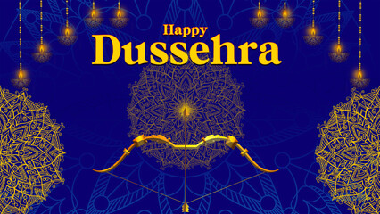 Happy Dussehra, illustration of a bow and arrow, symbolizing Dussehra, with a message of victory and triumph.
