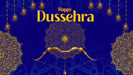 Happy Dussehra, illustration of a bow and arrow, symbolizing Dussehra, with a message of victory and triumph.
