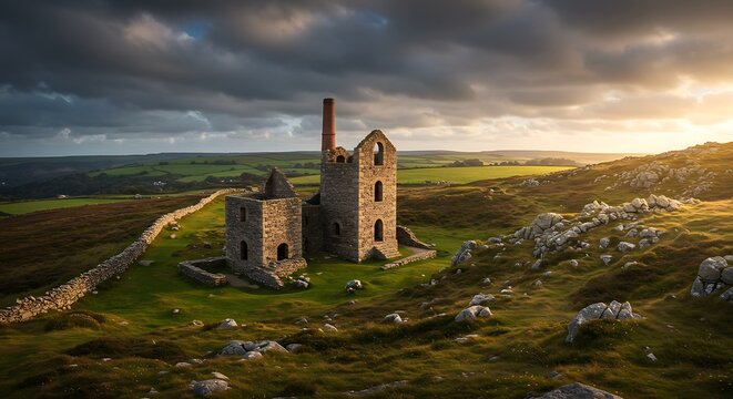 Abandoned stone buildings on a grassy hill under a dramatic cloudy sky - Powered by Adobe