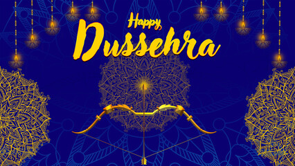 Happy Dussehra, illustration of a bow and arrow, symbolizing Dussehra, with a message of victory and triumph.
