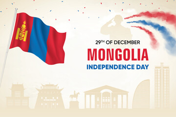 Mongolia Flag Waving With Army Soldier and Air Show On Skyline Background. Independence Day Concept Design Vector Illustration.