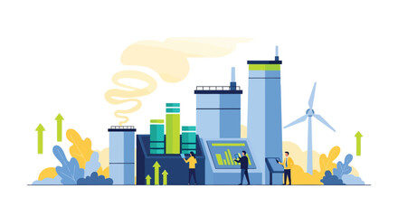 Vector illustration of a modern factory with smokestacks and a wind turbine, symbolizing industry and renewable energy