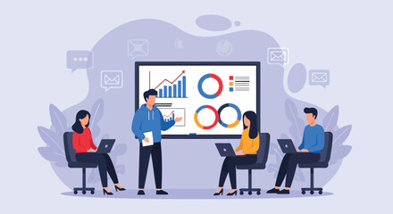 Vector illustration of business meeting with a presenter showing charts and graphs on a screen to colleagues using laptops