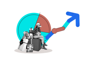 Composite trend artwork sketch image photo collage of newyear merry christmas winter arrow way young lady sit pile giftbox diagram trader