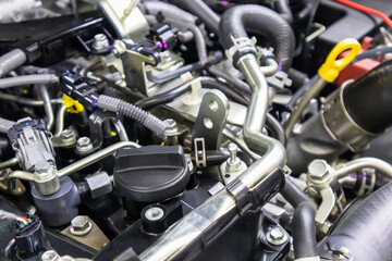 focused on the automotive industry within the contemporary new automobile engine room, machine displays all components and has an open hood. the new car's engine compartment.